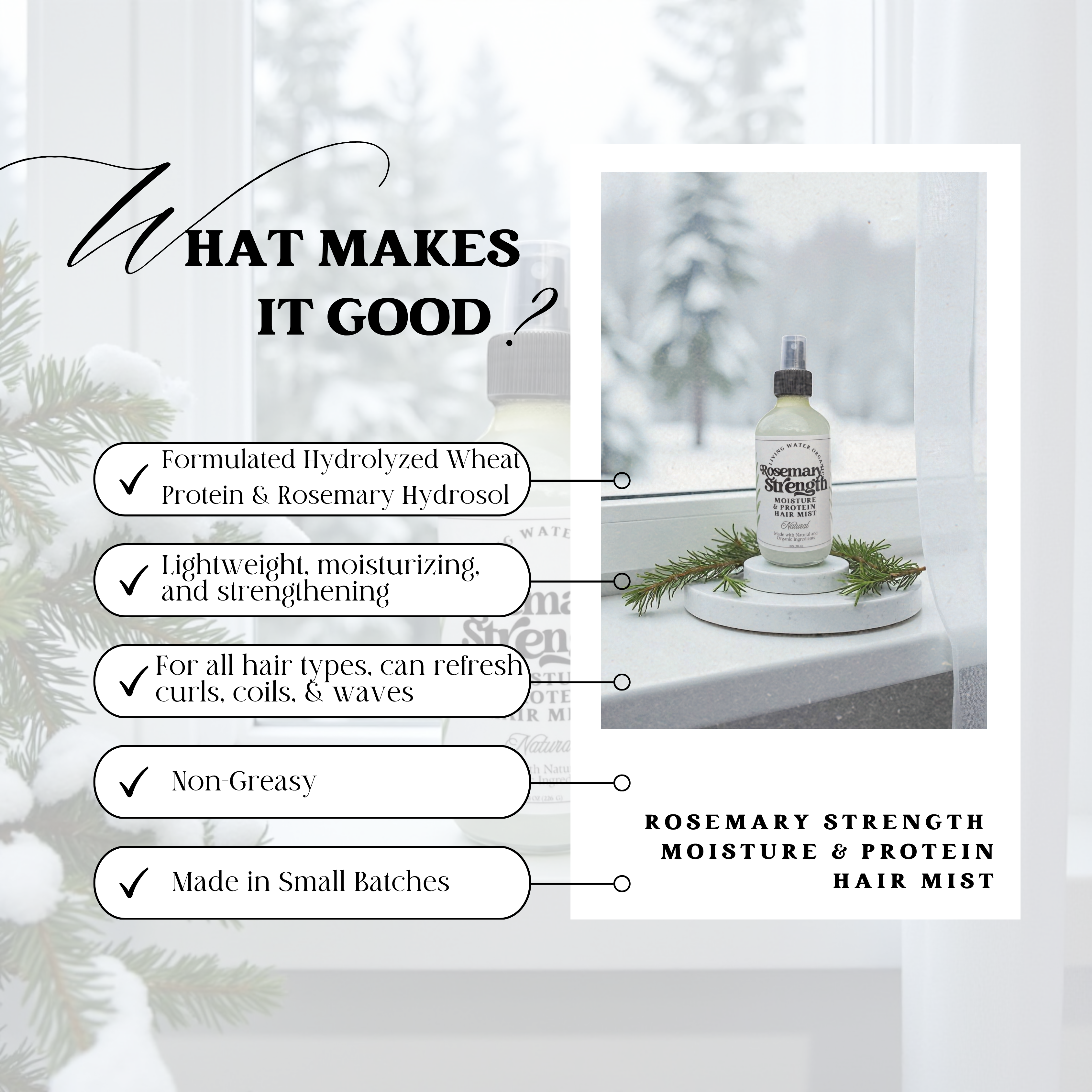 Rosemary Strength and Shine Hair Spray Mist with Protein for Curls, Coils, Waves, and Straight Hair, Refreshing Spray, Hydrating