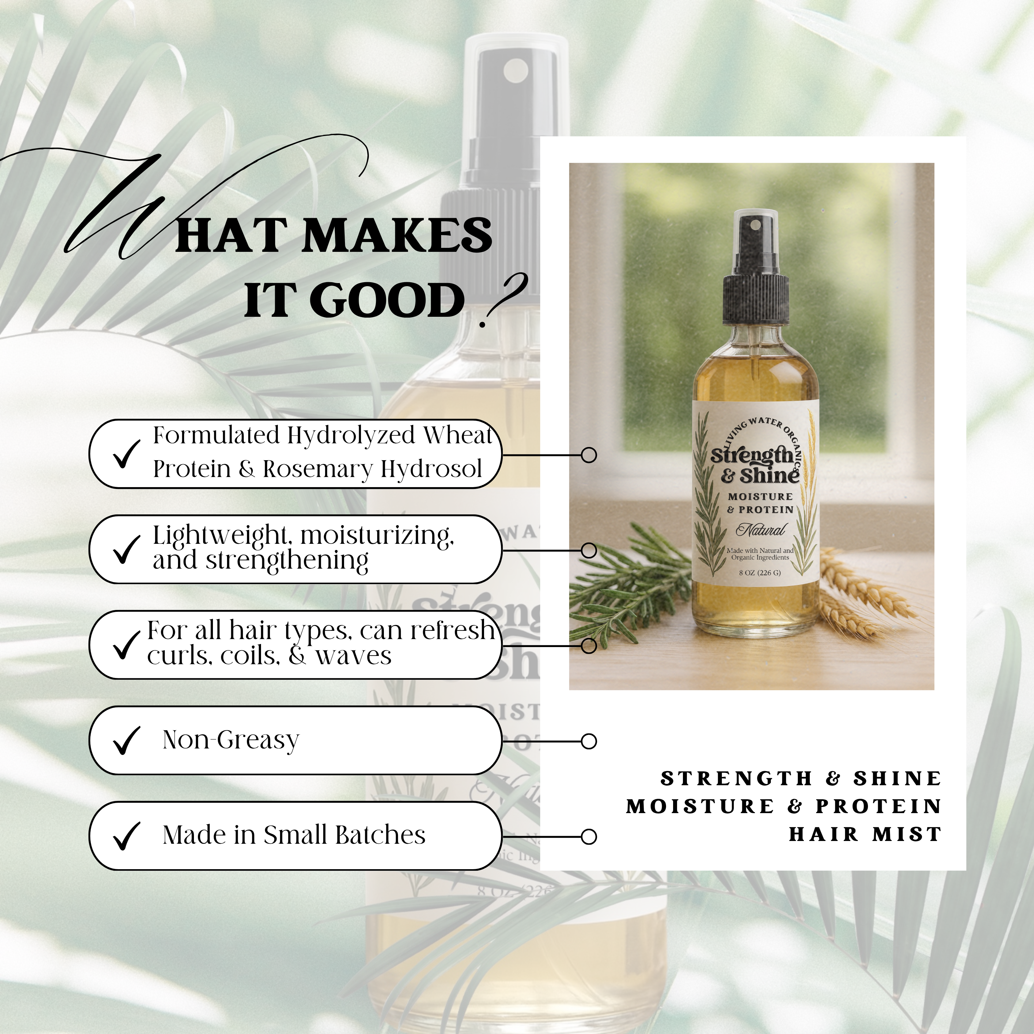 Strength and Shine Hair Spray Mist with Protein for Curls, Coils, Waves, and Straight Hair, Refreshing Spray, Hydrating