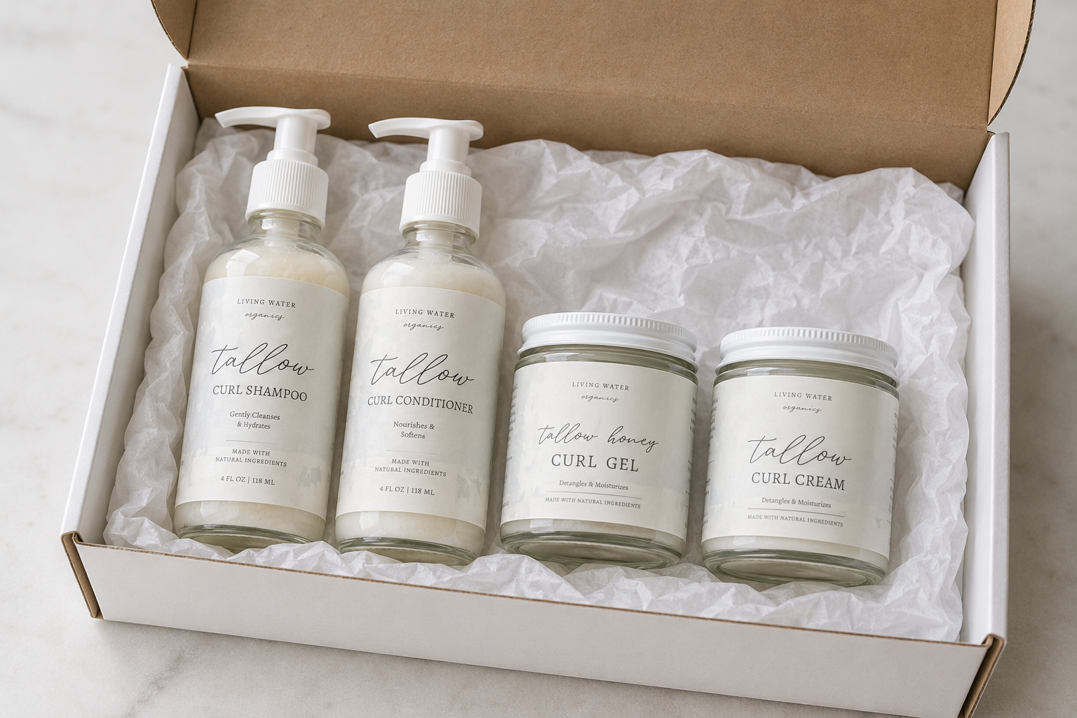 Tallow Curly Hair Bundle | Complete Curl Care Collection | Shampoo, Conditioner, Curl Gel & Curl Cream | 4-Piece Set
