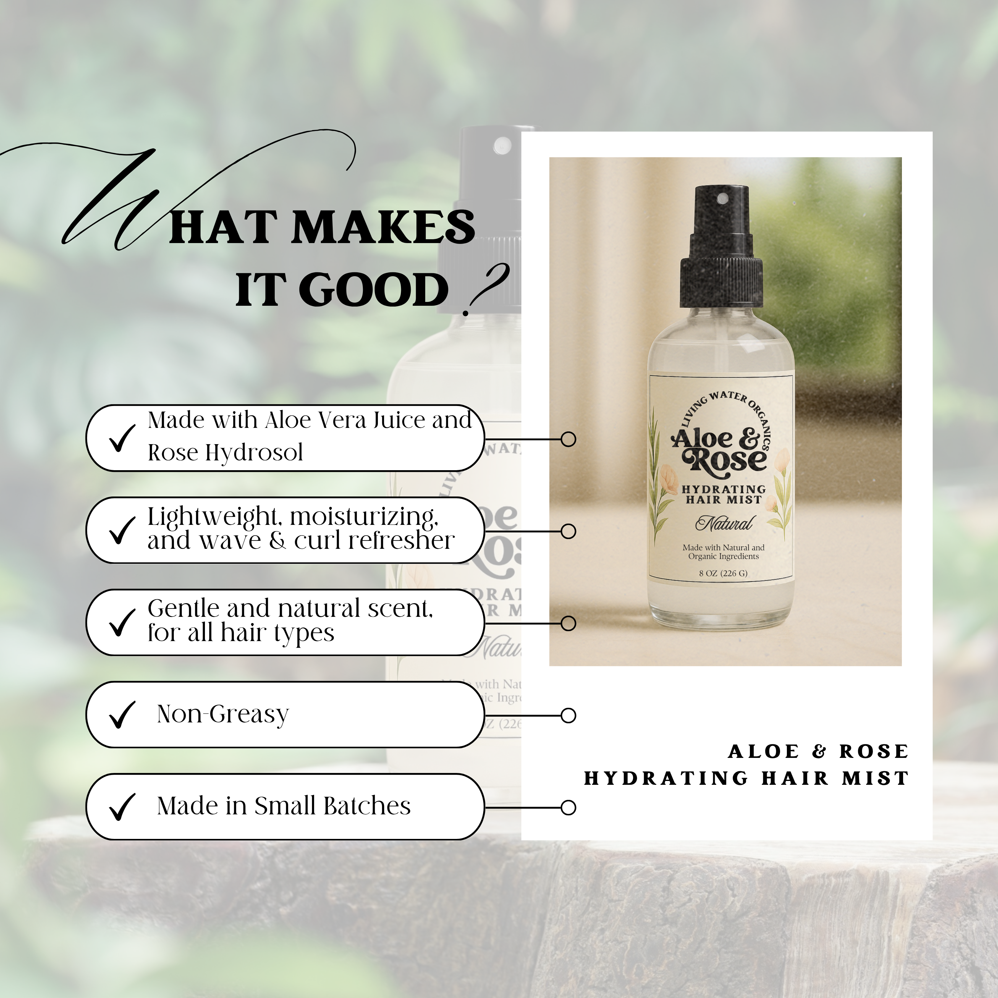 Aloe & Rose Hydrating Hair Mist, Natural Leave-In Moisturizing Spray