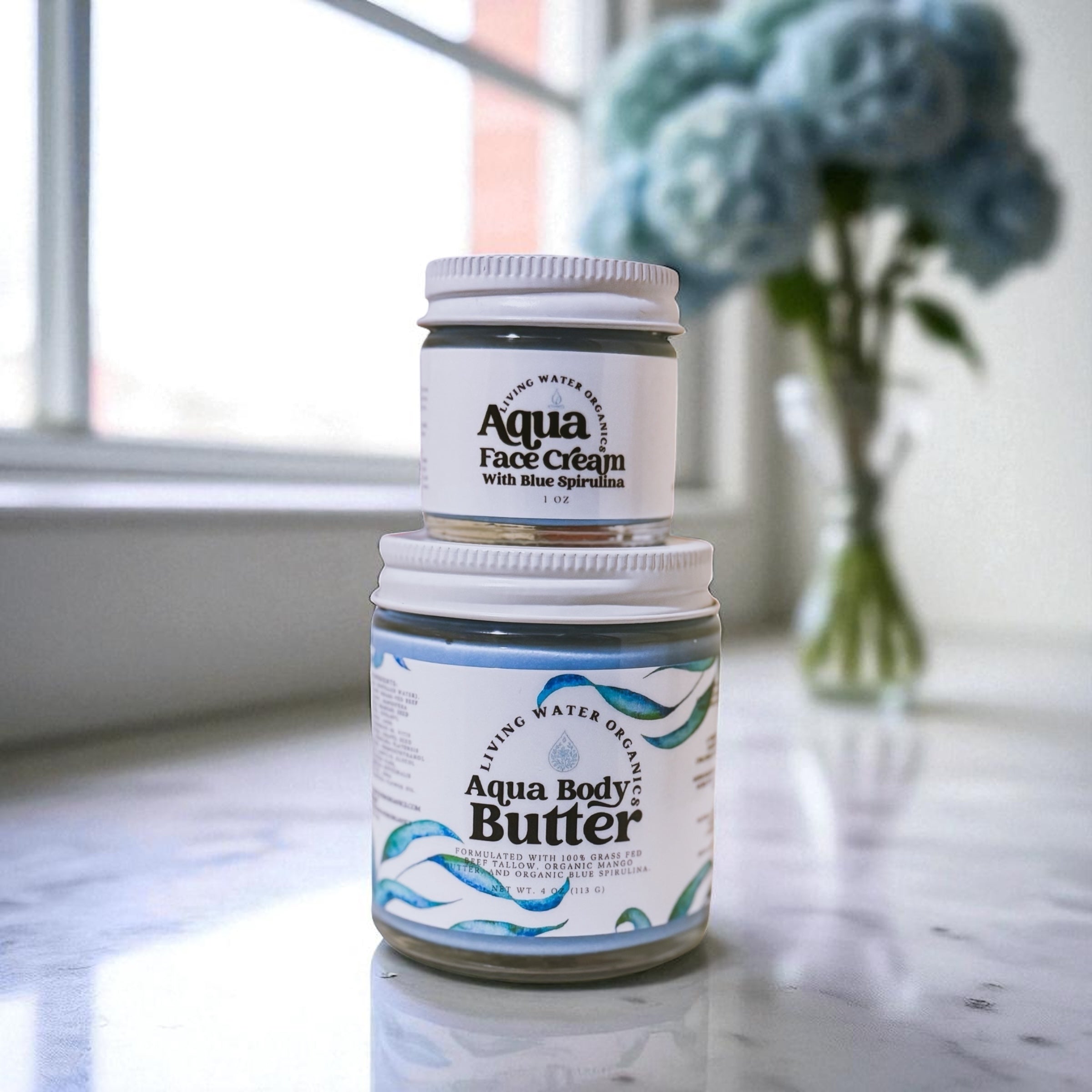 Aqua Face Cream and Aqua Tallow Body Butter with Organic Mango Butter and Organic Blue Spirulina